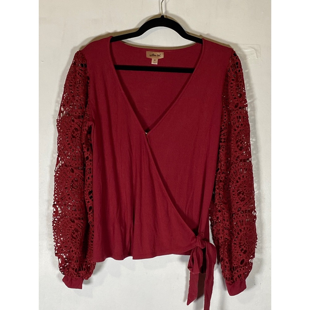Willow Root Red Crochet Sleeve Faux Wrap Top Boho Romantic Medium